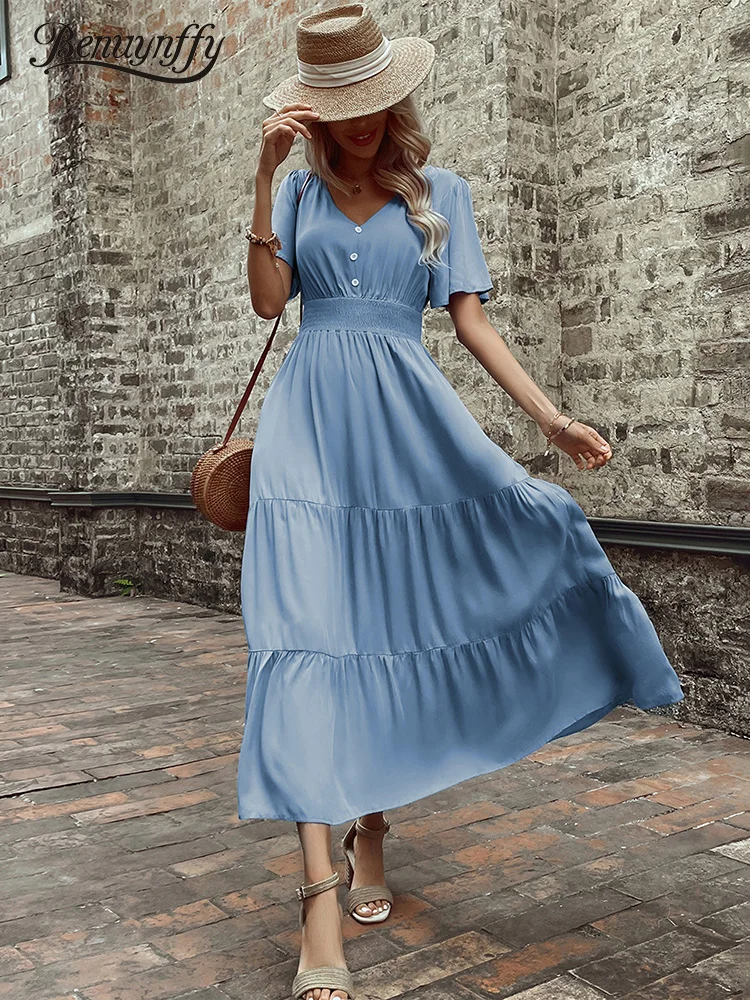 

Benuynffy V-neck Solid Button Front Shirred Waist Dress Summer Short Sleeve Sweet Ruffle Hem Maxi Long Dresses Women New 2023