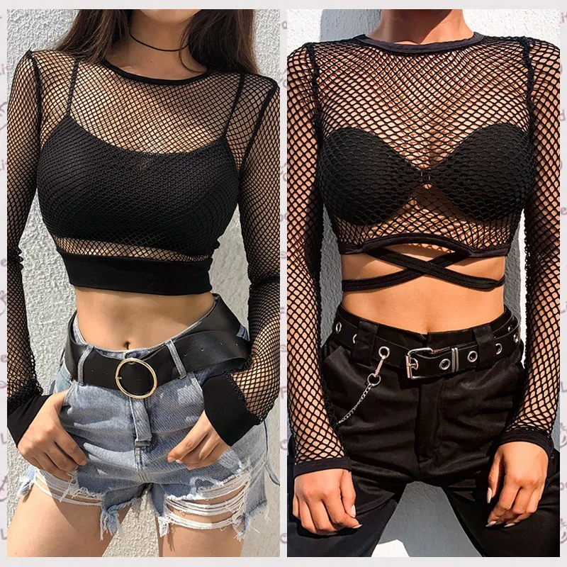 

Women's 2022 Summer Round Fashion Sexy Mesh See-Through Blouse Long Sleeve T-Shirt Women