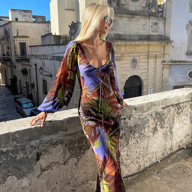 

Женское богемное платье с цветочным принтом, Осеннее длинное платье макси с оборками, Элегантное повседневное платье с пышными рукавами, Платье Макси