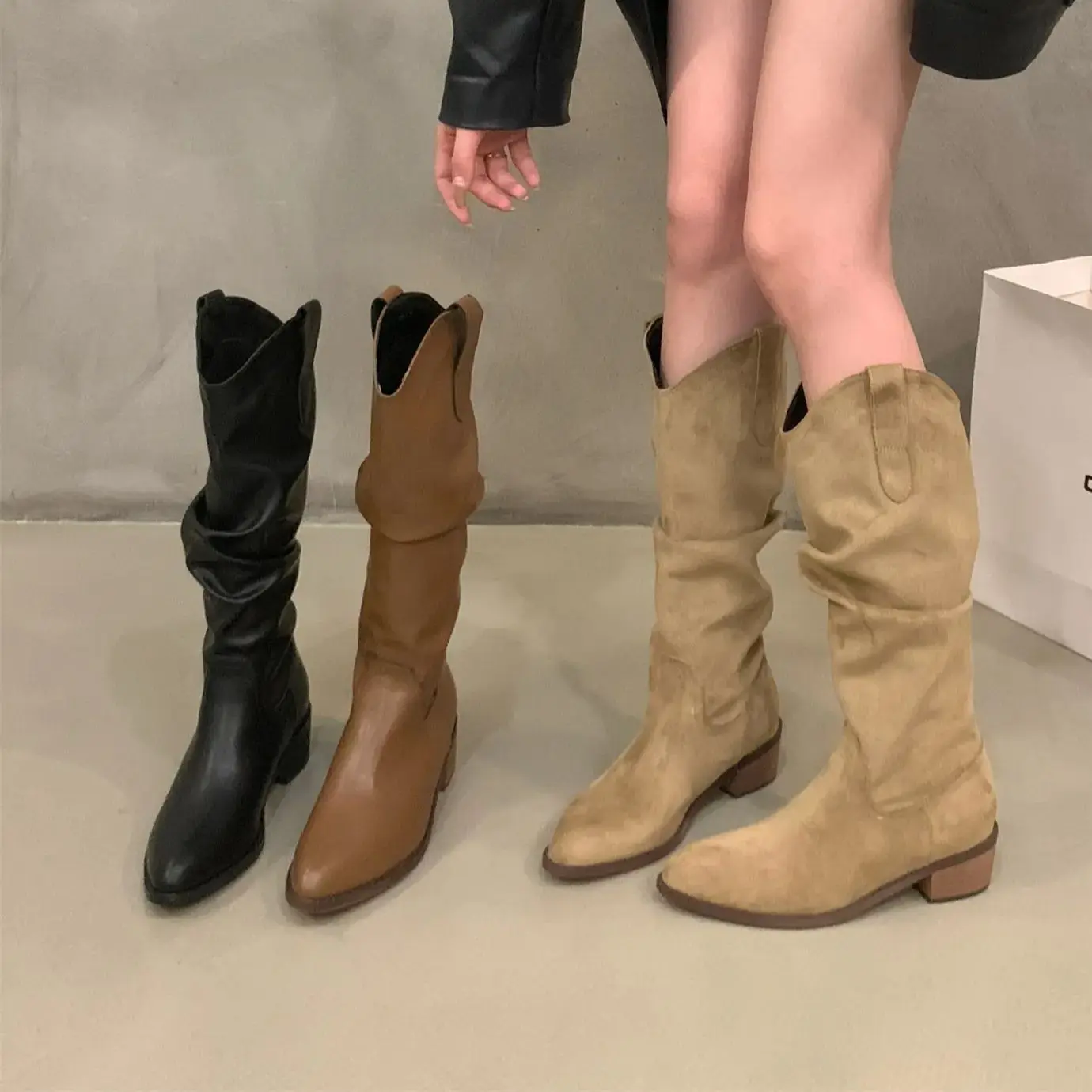 

Woman Cowgirl Boots Fashion Slip On Ladies Elegant Square Heel Long Boots Shoes Women's Winter Footwear