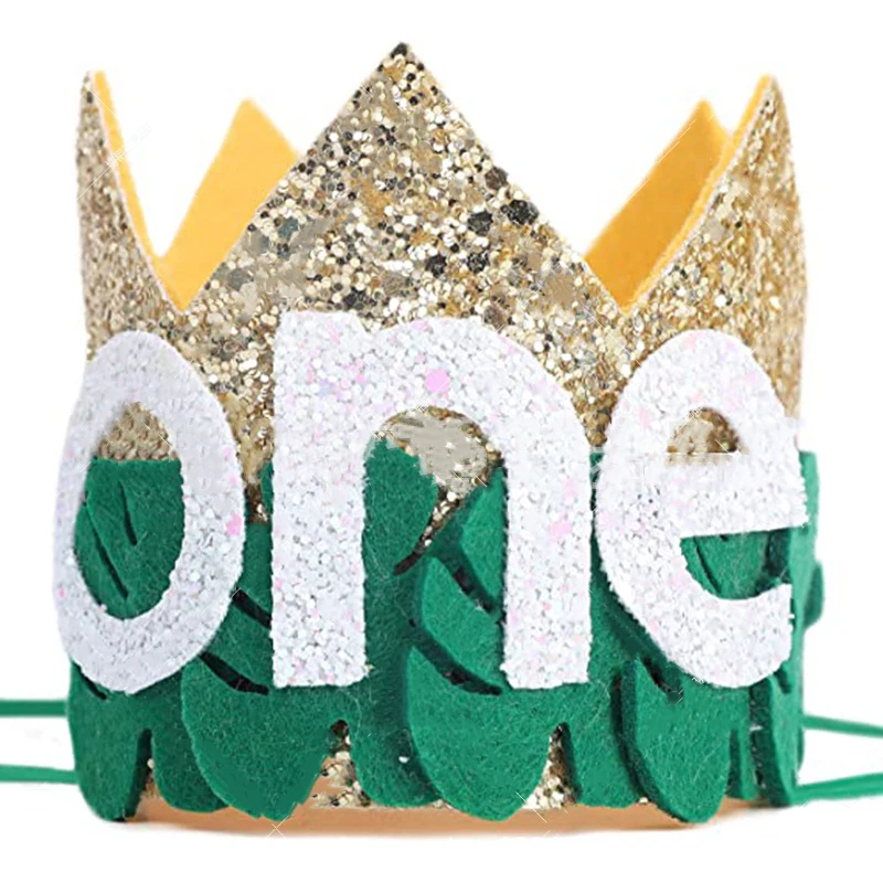Kids One 1st Birthday Jungle Theme Crown Leaf Sequin Birthday Hat Jungle Safari Party Baby Boys Wild One Party Decor Baby Shower