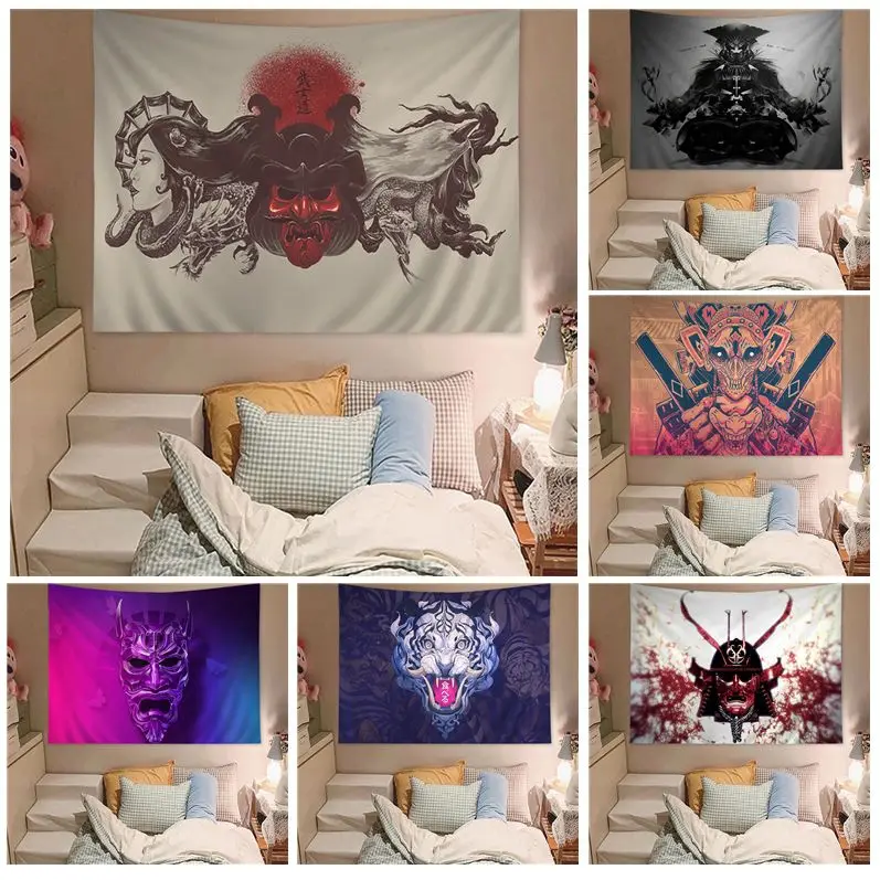 

Japanese Samurai Oni Mask Anime Tapestry Wall Hanging Decoration Household INS Home Decor