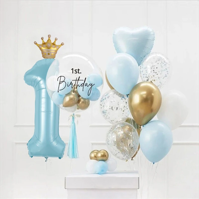 

40inch Prince Crown Number Foil Balloons 1st Birthday Party Decorations Kids Boy Girl First One Year Anniversary Globos Supplies