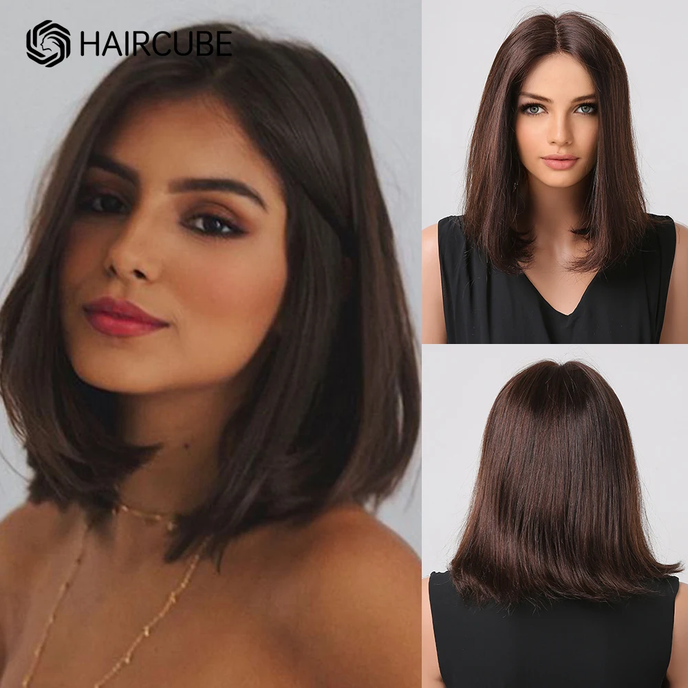Dark Brown Short Lace Front Wigs Human Hair Straight Bob 13X1 T Part Lace Closure Wigs Natural Black Human Hairs Wig for Women