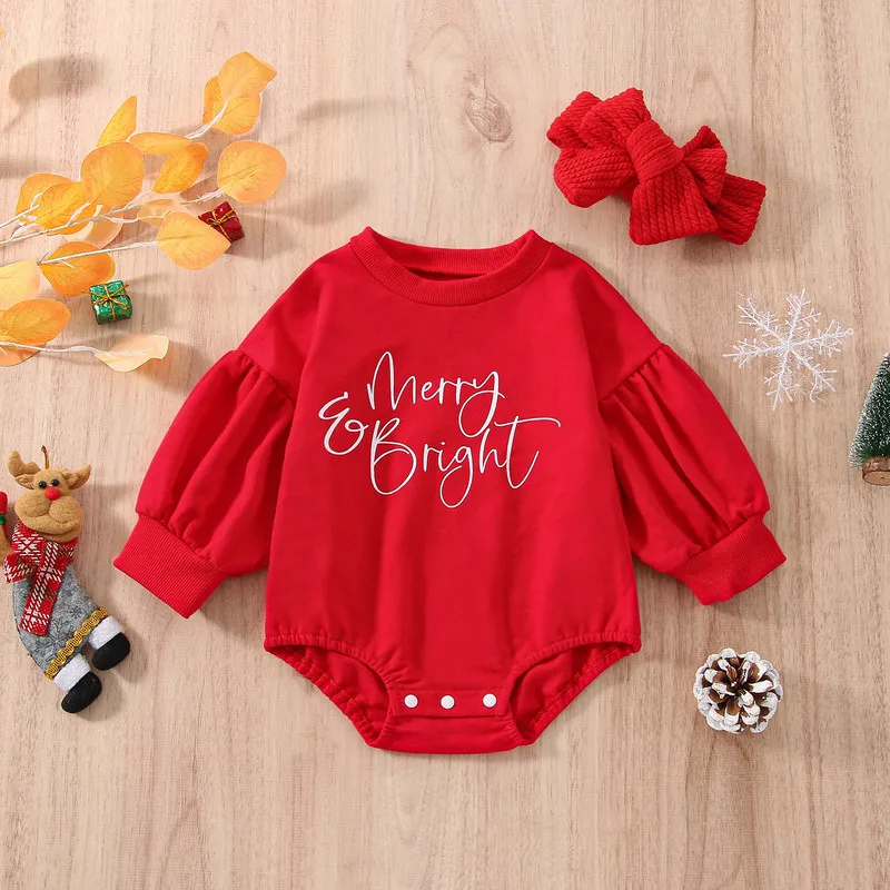 

New Born Baby Girls Clothes Christmas Bodysuit Outfits Fall Winter Long Sleeve Letter Print Jumpsuit Headband Set