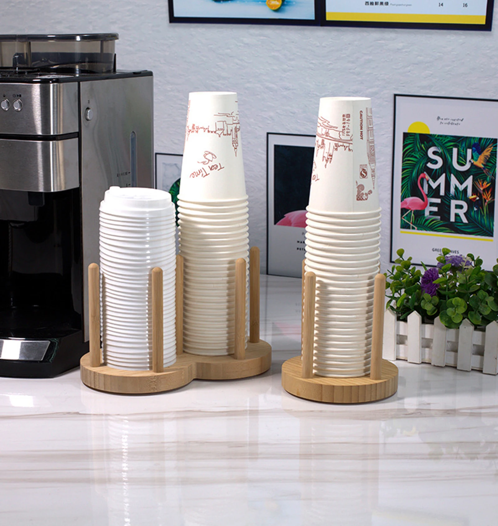 Disposable Cup Storage Holder Rack Shelf Water Tea Cups Wood Dispenser With Longer Stick Mug Display Stand Organizer Kitchen