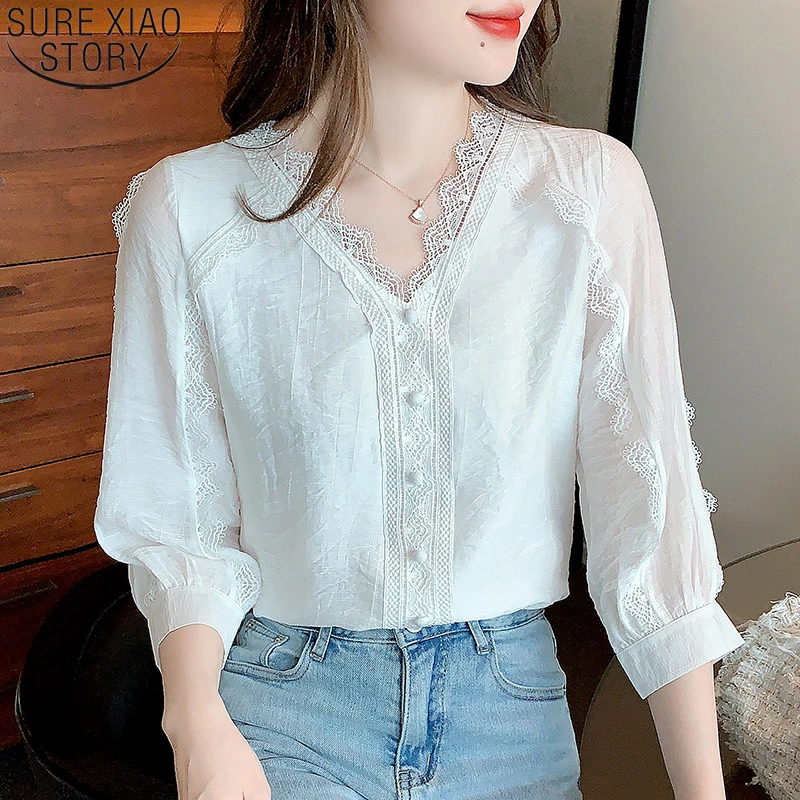 

2023 Spring and Summer New Elegant Hook Flower Hollow V-neck Shirt Women Sweet White Lace Blouse Puff Sleeve Tops Clothes 20056