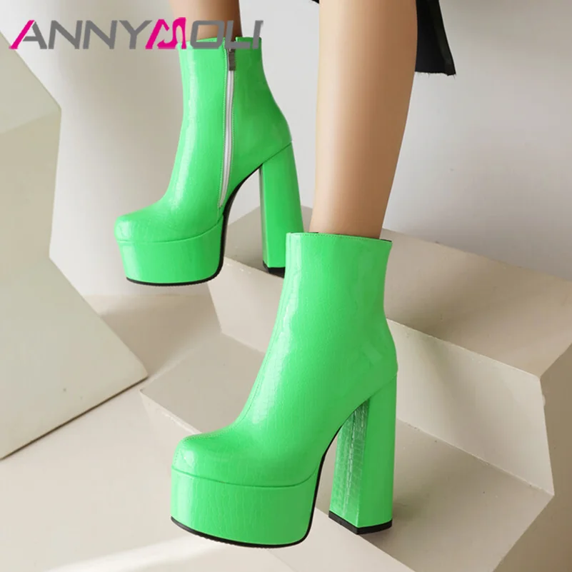 

ANNYMOLI Women Pu Leather Fashion Boots Ankle Boots Platform Thick High Heel Round Toe Booties Zipper Sexy Winter Shoes Green