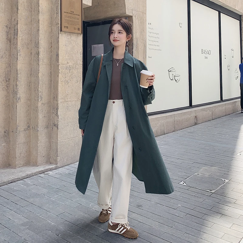 Серо-зеленая длинная блестящая Осенняя новая однобортная Повседневная