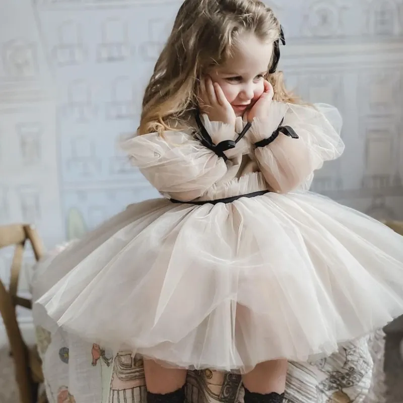 

Baby Girl Princess Off Shoulder Tutu Dress Long Sleeve New Child Vintage Gauze Tulle Vestido Party Wedding Birthday Frocks 1-14Y