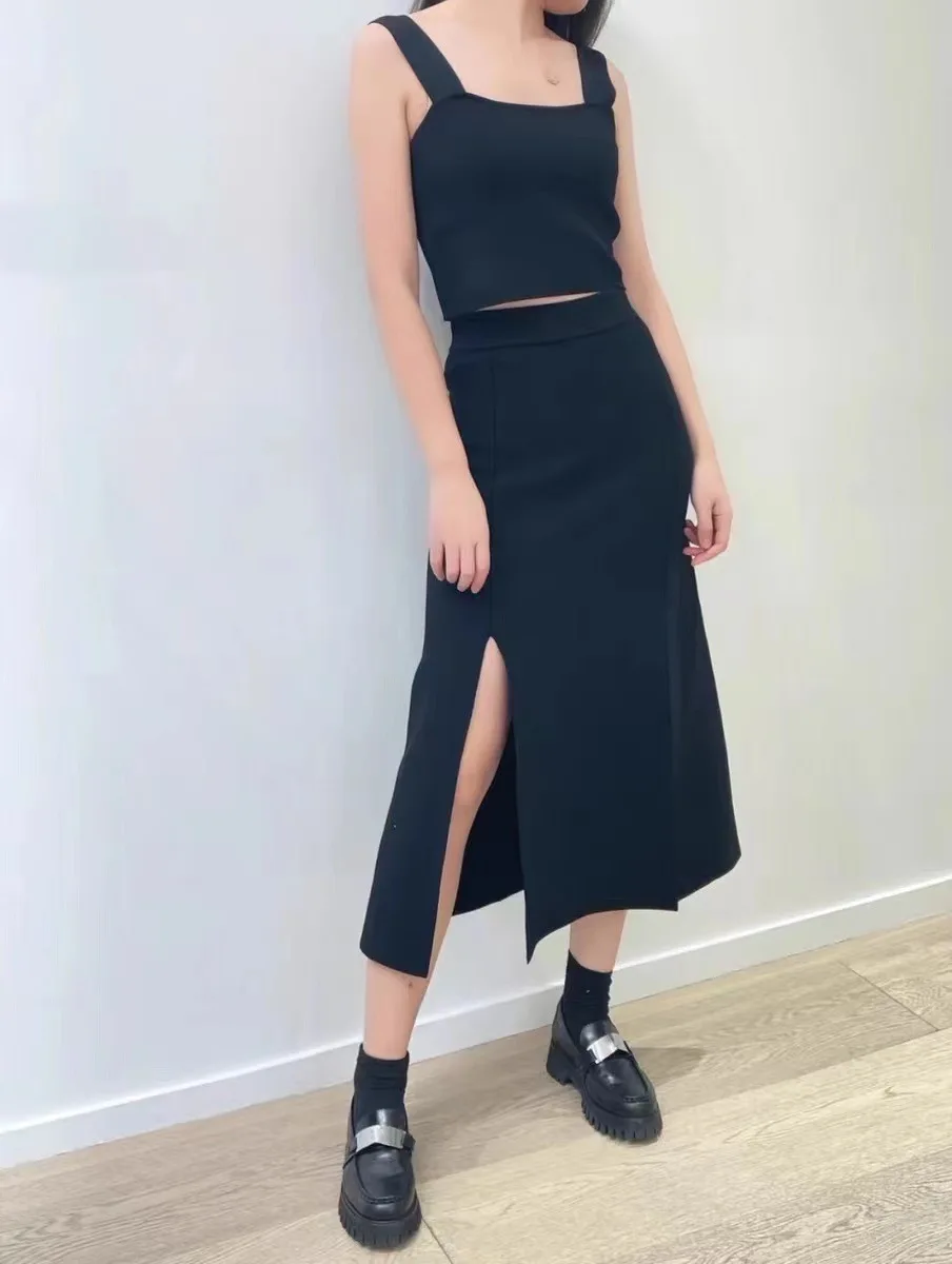 

Women Square Collar Knitted Camis + Hem Slit A-line Skirt