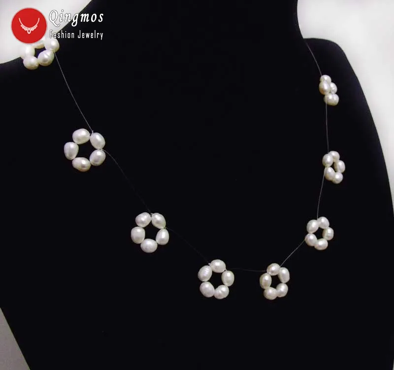 

Qingmos Fashion 5-6mm Rice Natural White Pearl Necklace for Women with Handwork Weaving Flower Pearl Chokers 17'' Jewelry