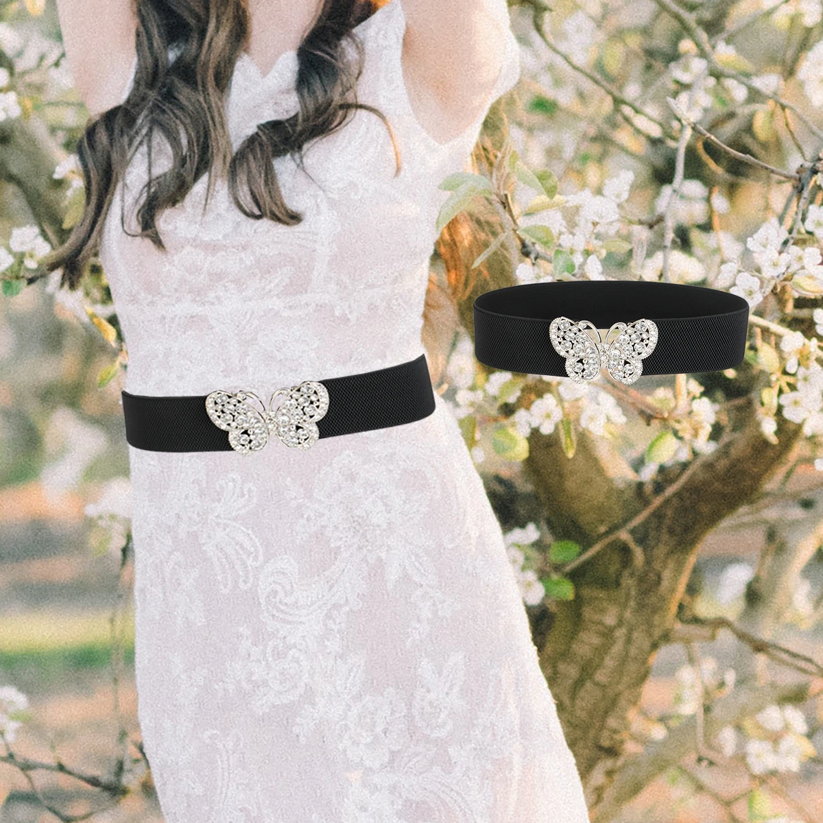

Rhinestone Strass Silver Butterfly Elastic women's belts Waist Decorative Girdle Corset For Lady Multisize banquet Wedding dress