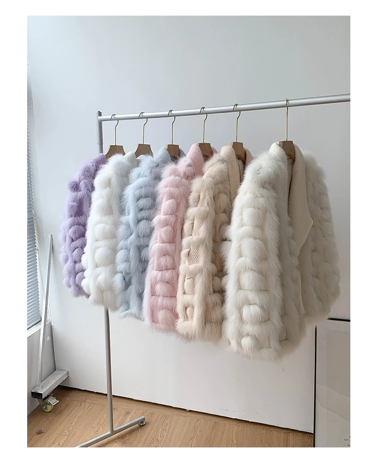 Women Winter Real Fox Fur Jacket Knitted Cardigan Thick Warm Natural Fur Jacket Turn-down Collar Outerwear Fashion Streetwear