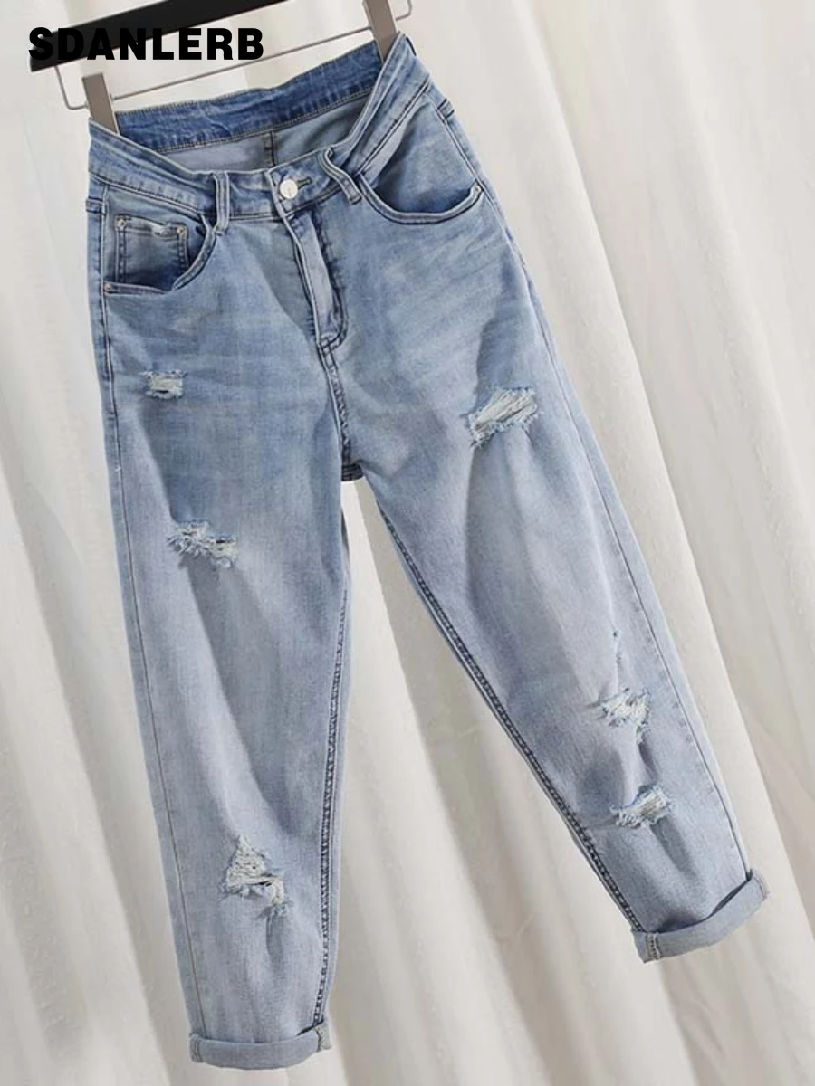 

Ripped Jeans Women's Summer Thin Casual Straight-Leg Loose Slimming Harem Daddy Denim Pants High Waist Slouchy Jeans