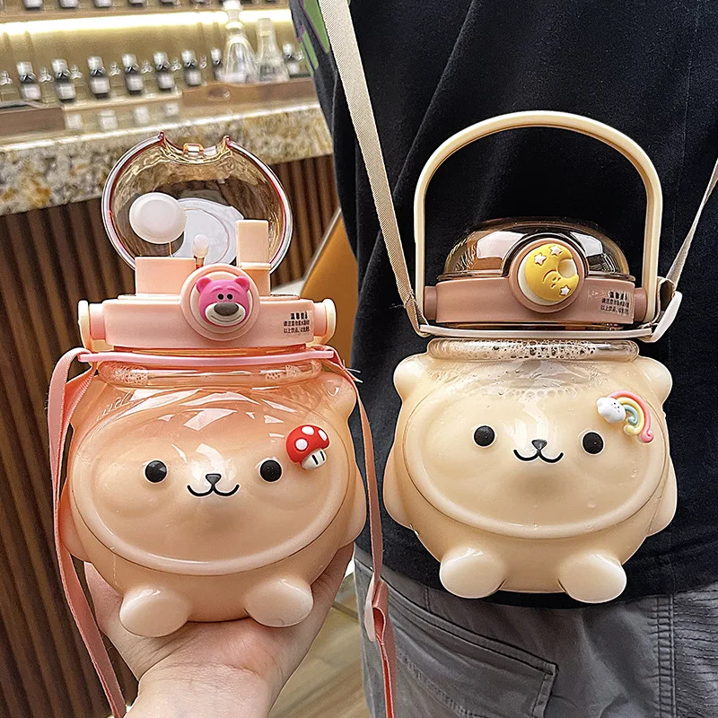 

Kawaii Push-type Bear Water Cup Large-capacity Cute Big Belly Cup 1000ml Portable Children's Plastic Multi-functional Straw Cup