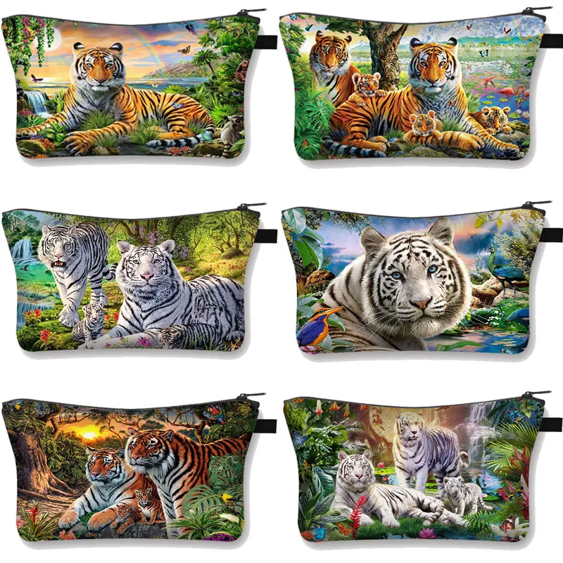

White Tiger Printing Cosmetic Bag Fashion Makeup Bag Zipper Pouch Organizer Travel Makeup Bag Girls Mini Handbag пляжная сумка