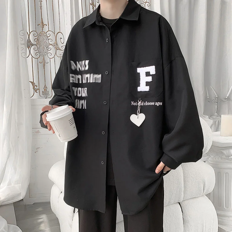 

HybSkr Letter Printed Love Pendant Men Shirts 2022 Harajuku New Casual Man Blouses Turn-down Collar Long Sleeve Loose Unisex Top