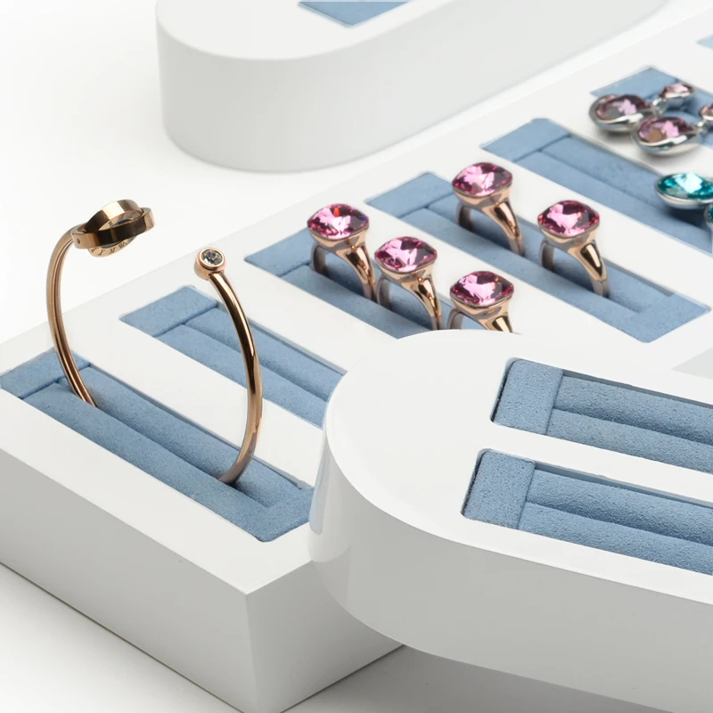 Oirlv Jewelry Organizer Earrings Wooden Ring Holder Earring Display Blue Micro Fibers Jewelry Storage White Wooden Jewelry Stand