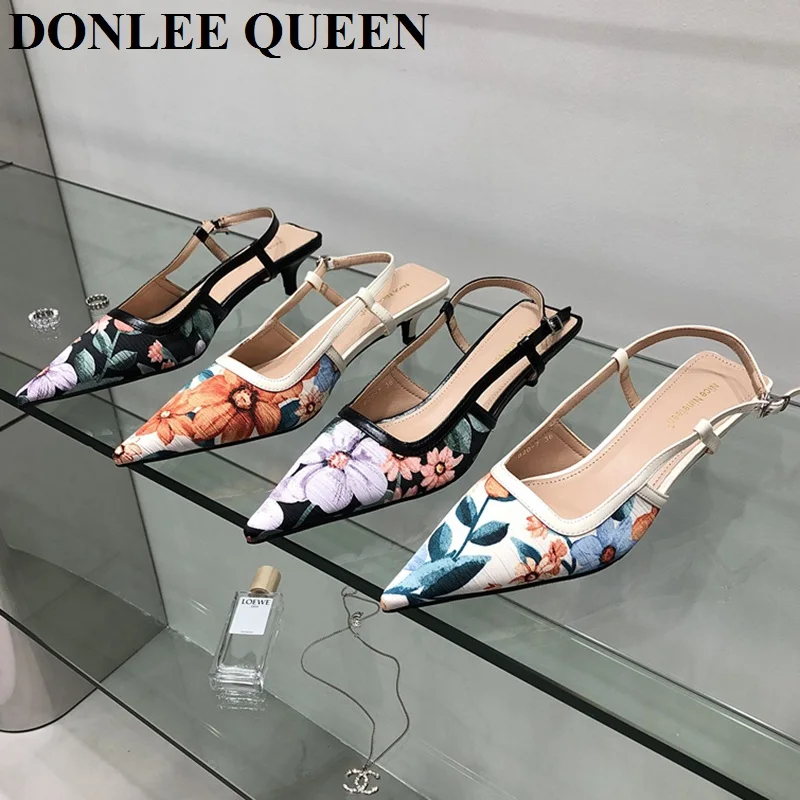 

2022 New Summer Sandals Women Fashion Asymmetric Printing Pointed Toe Ankle Strap Slingback Heels Pumps Party Dress Shoes Mules
