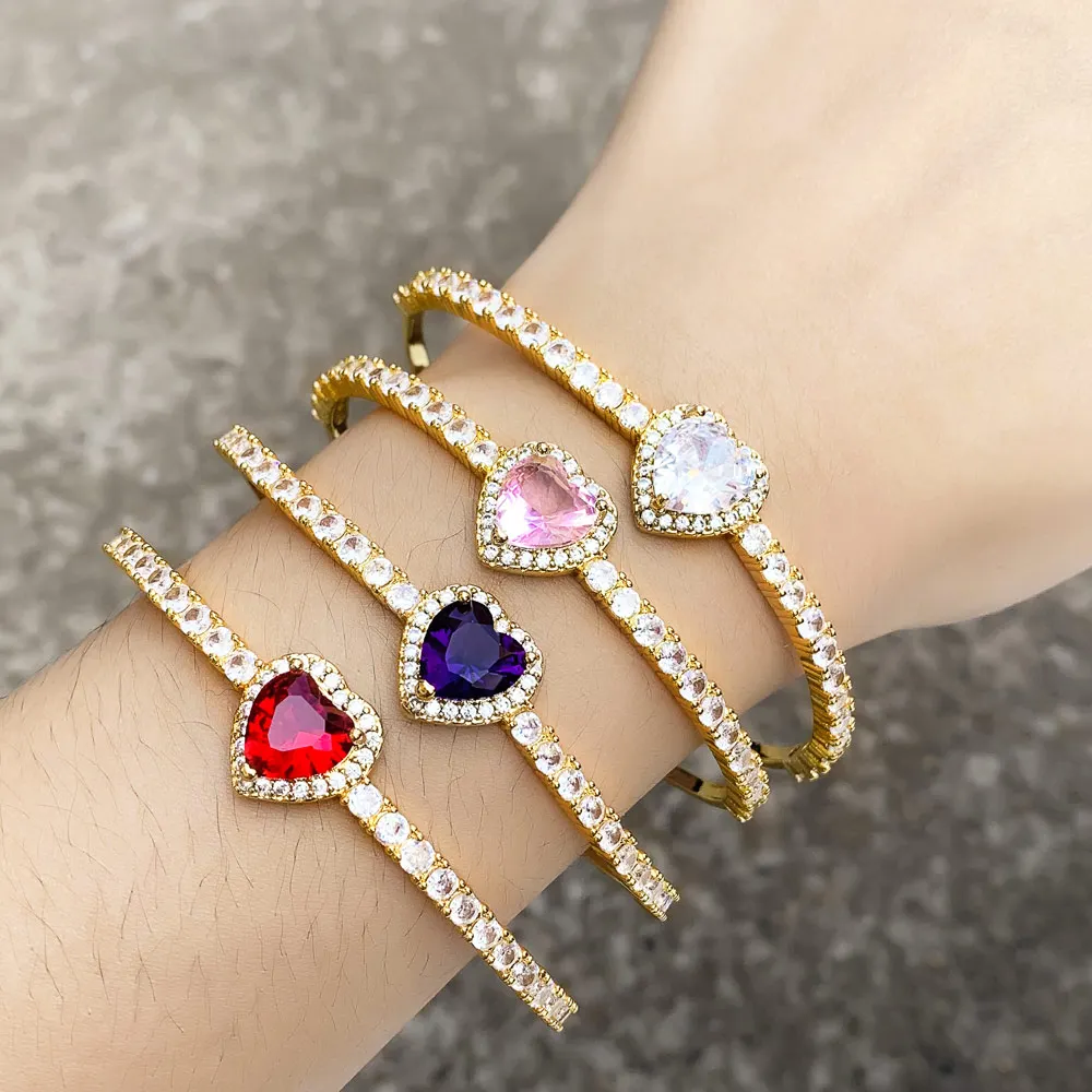 

FLOLA Big Red Crystal Heart Bangles for Women Copper Zircon Tennis Chain Adjustable Cuff Bangle Gold Plated Jewelry Gifts brtj65