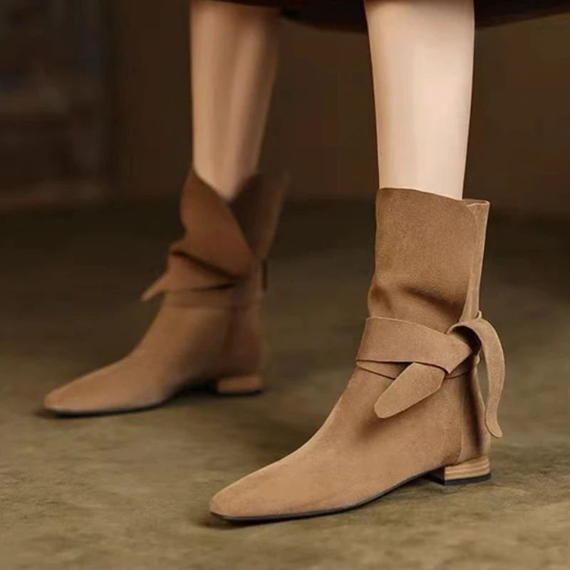 

Women Suede Leather Boots Handmade High Quality Flats Army Green Short Boots with Strap Bow-tie Shoes Autumn Winter Boots