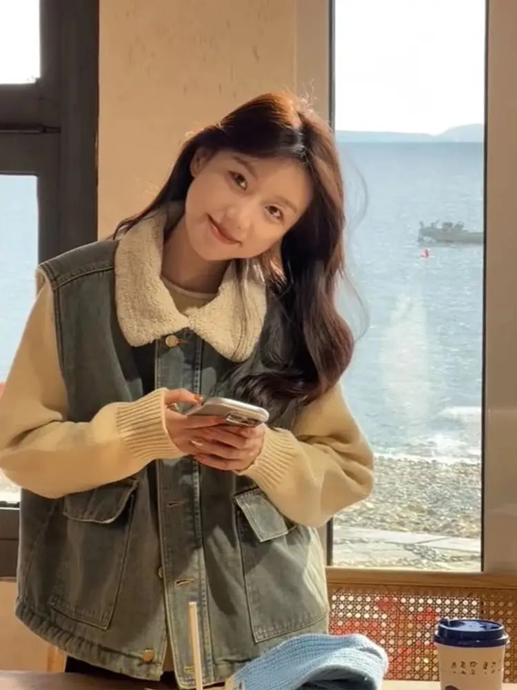 Женский джинсовый жилет из овечьей шерсти свободная универсальная модная