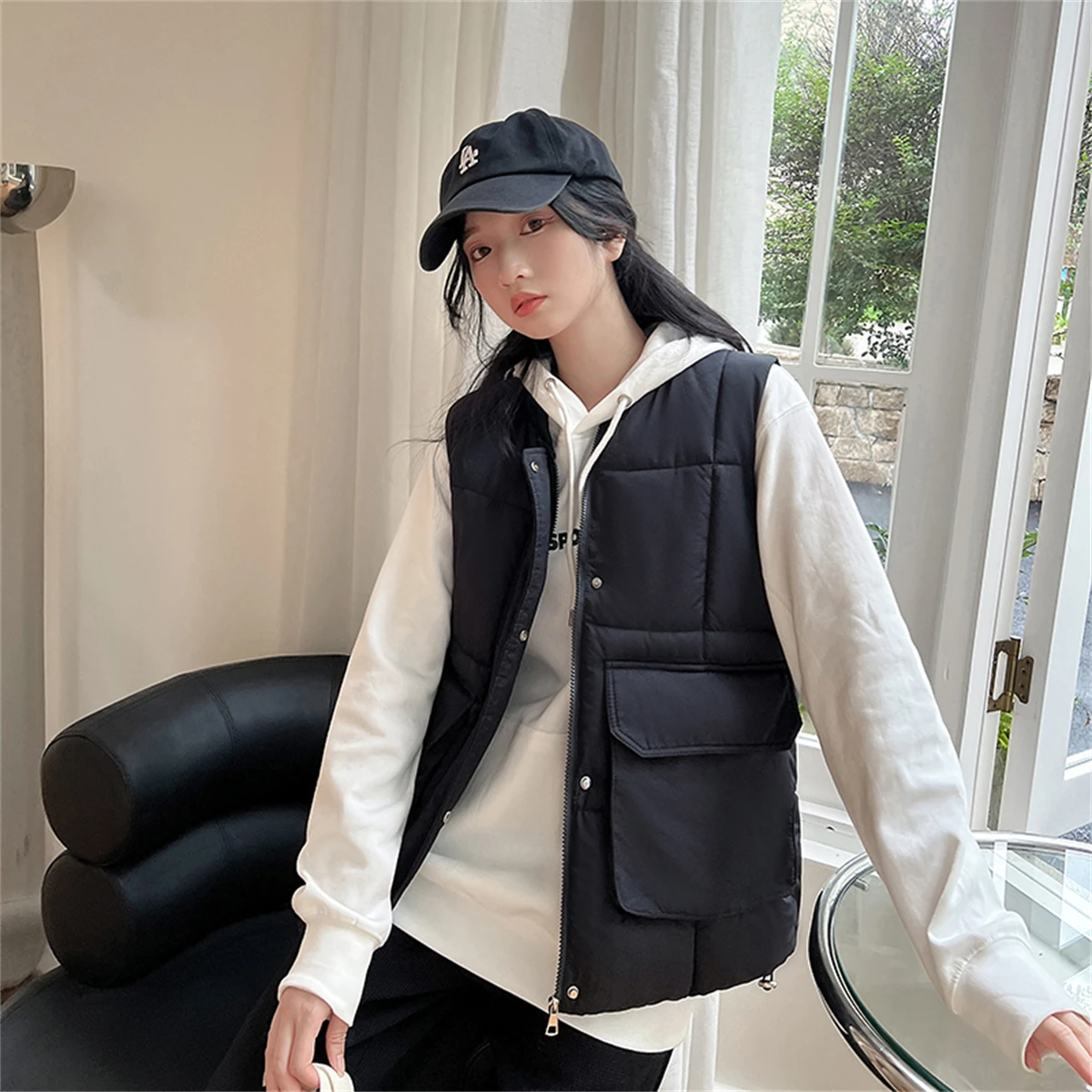 Autumn and Winter 2022 New Korean Waistcoat Women's Round Neck Down Cotton Vest Waistcoat Waistcoat Loose Oversize Jacket