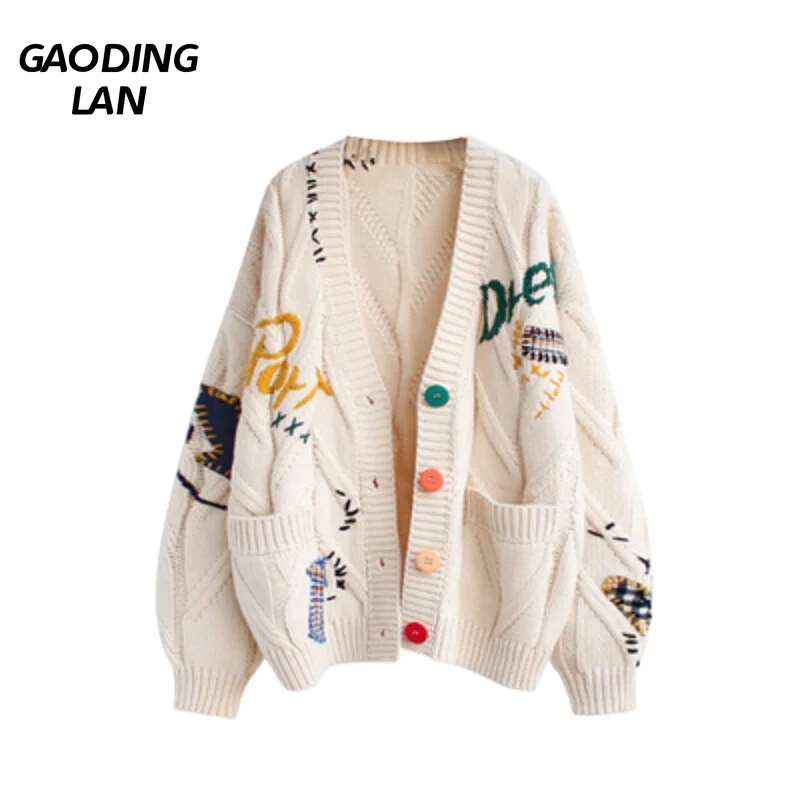 

Женский свободный вязаный кардиган GAODINGLAN, осенне-зимний Кардиган с длинным рукавом и надписью, вязаное пальто большого размера