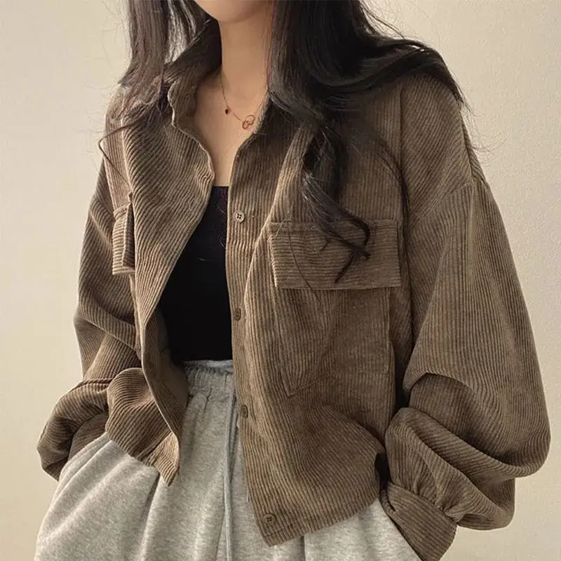 

Fashion Corduroy Jacket Women's autumn new Korean simple single breasted long sleeve Lapel solid jacket high quality