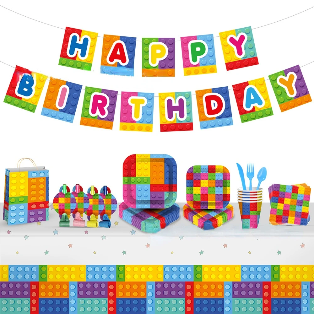 

JOYMEMO Building Block Theme Party Decorations Paper Cups Plates Letter Banner Knife Fork Spoon Tablecloth Napkin Party Supplies