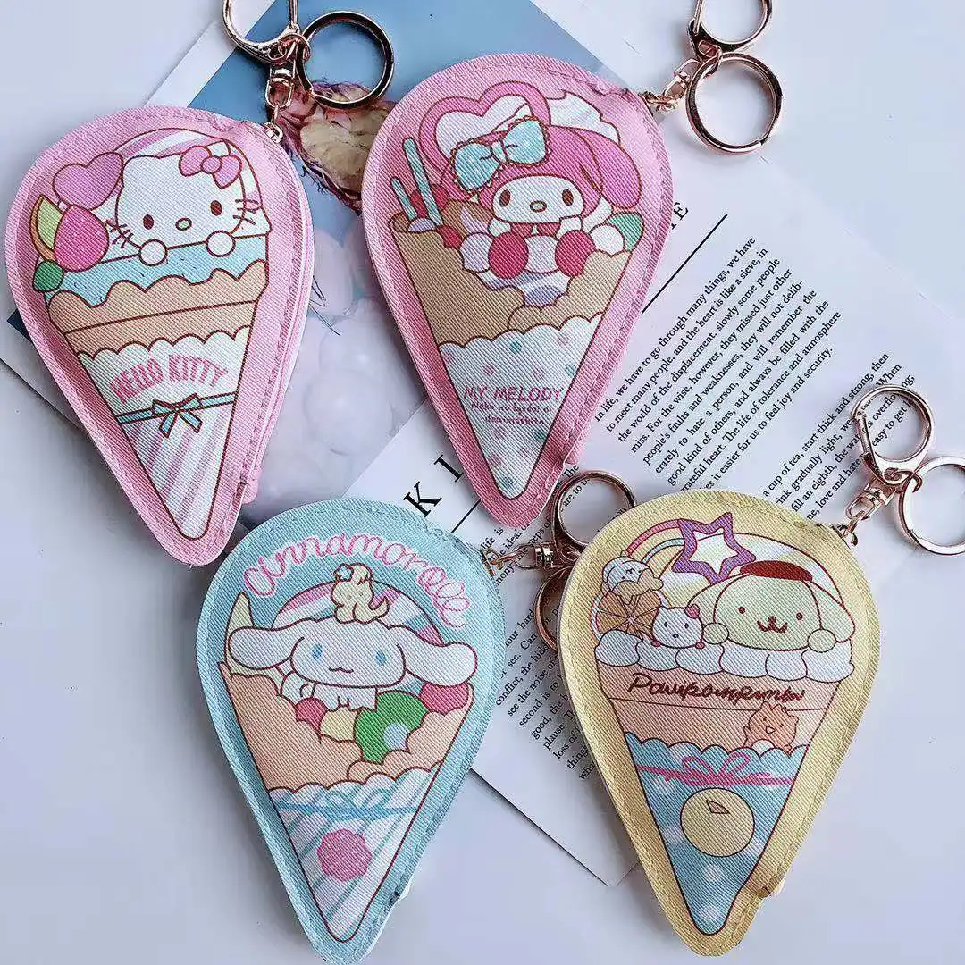 

Kawaii Sanrios Kuromi My Melody Cinnamonroll KT cat ice cream shape keychain PU Access Card Sleeve Coin Storage Bag girl gift