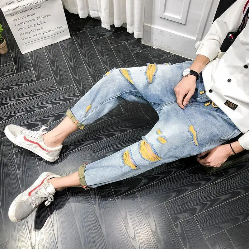 Spring and Summer New Men's Ripped Harem Pants Cropped Jeans Men's Loose Straight Fashion Brand Pants Cropped Pants