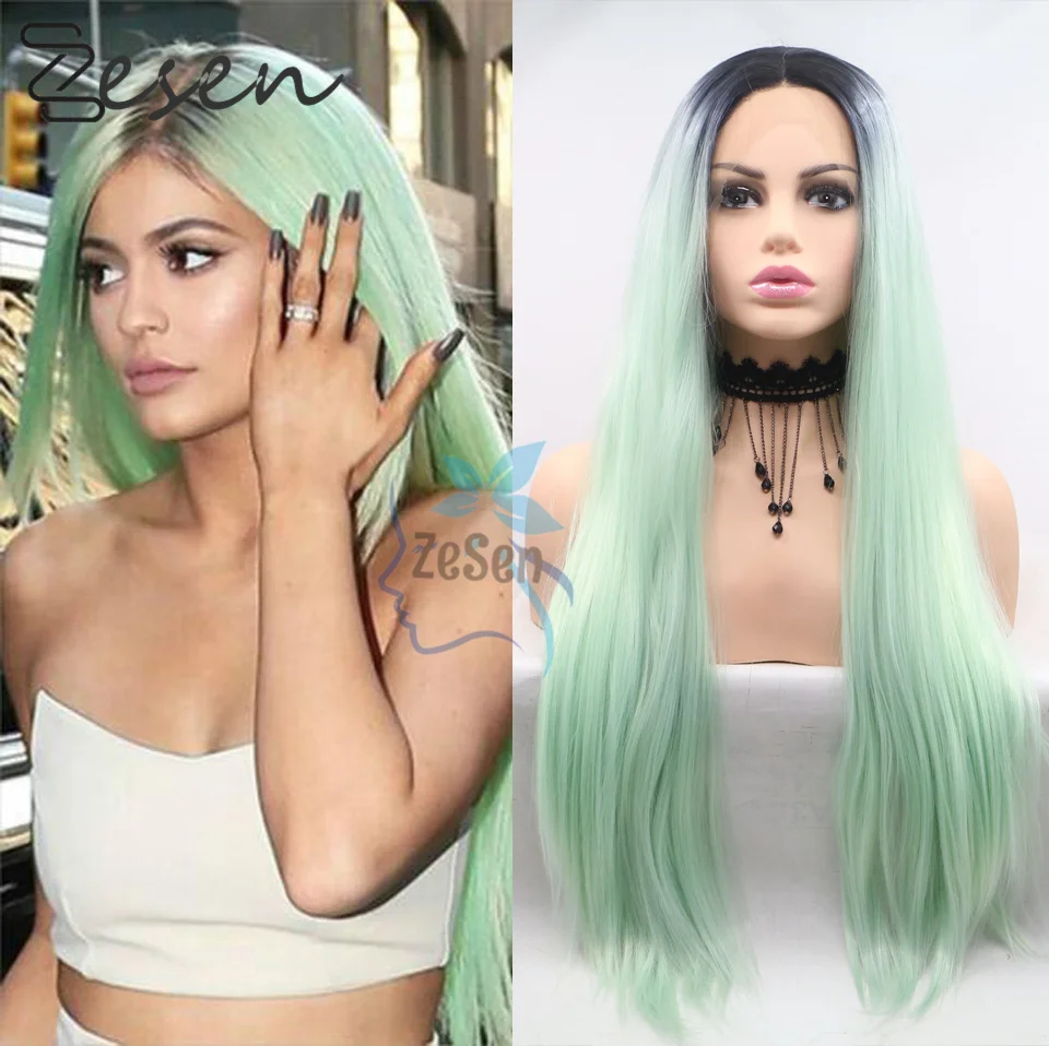 

Ombre Green Long Straight Hair Synthetic Lace Front Wigs For Women Frontal Heat Resistant Fiber Wig Cosplay Daily Wear