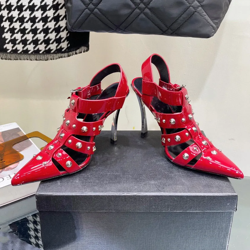 

Сандалии женские из лакированной кожи, заостренный носок, заклепки, модельные туфли в Париже с металлическим каблуком, обувь ручной работы для банкета, супер высокий каблук