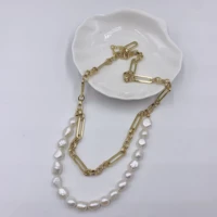 Irregular Fashion Women's Natural Pearl Double Layer  Copper Chain Necklace