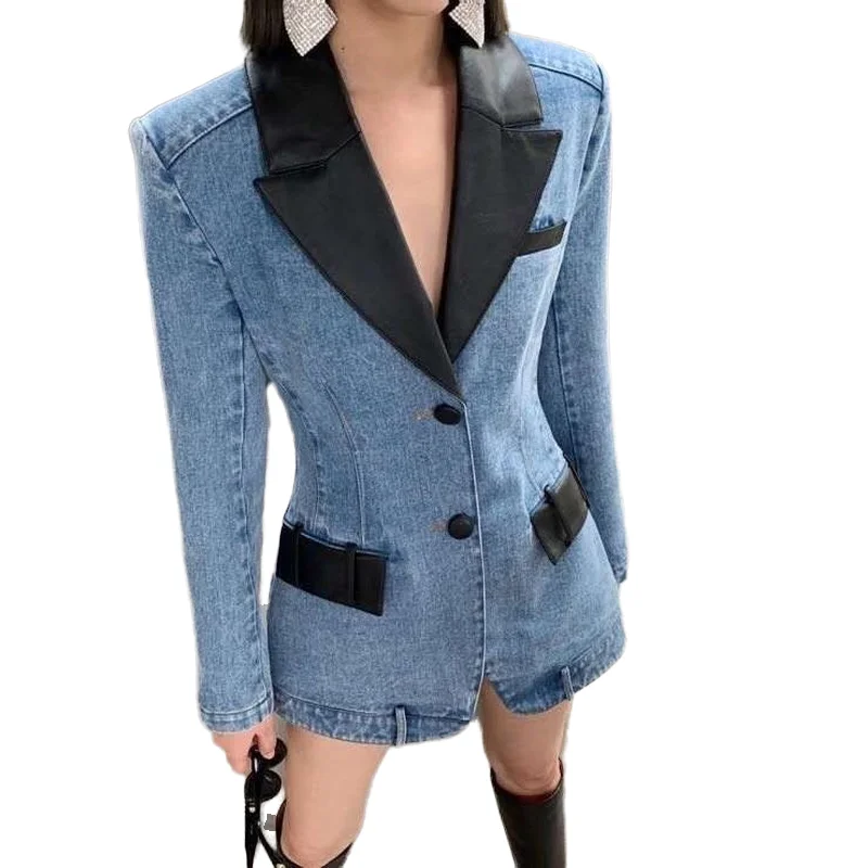 Женская джинсовая куртка винтажная из искусственной кожи в стиле пэчворк