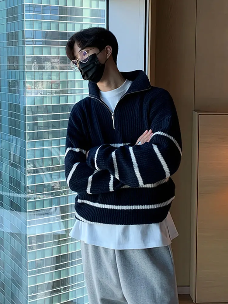 Мужской вязаный свитер с лацканами универсальный Полосатый пуловер в Корейском