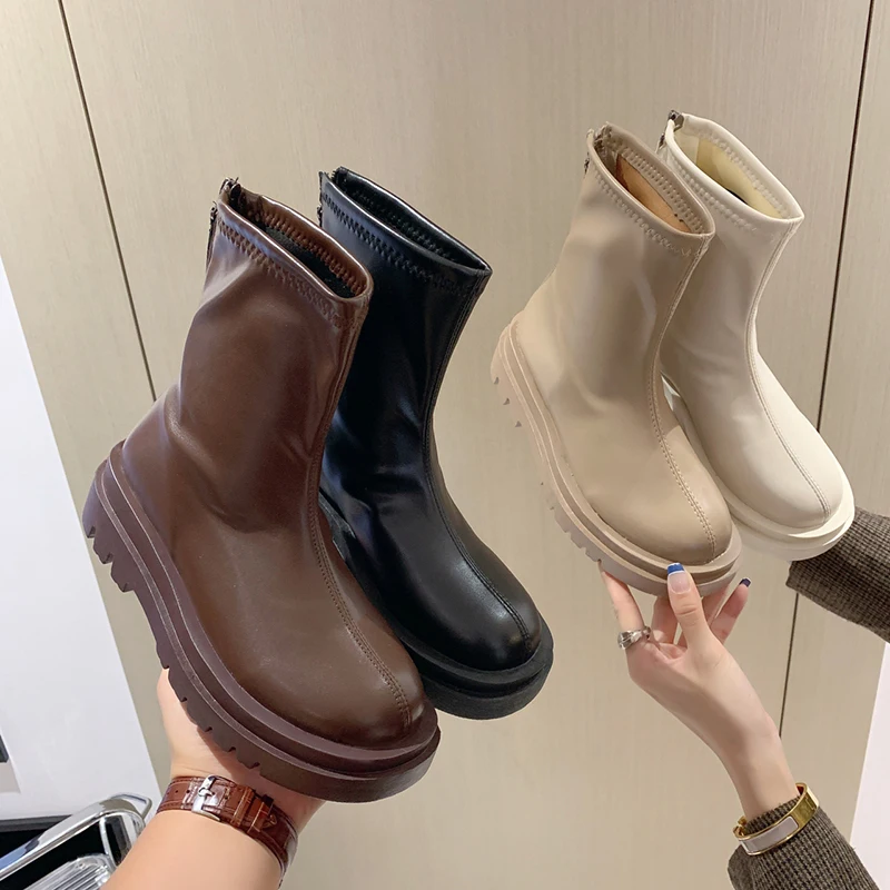

Женские ботинки челси с круглым носком, белые ботинки до середины икры, базовые осенние ботинки из флока в римском стиле, Лолита, осень 2022