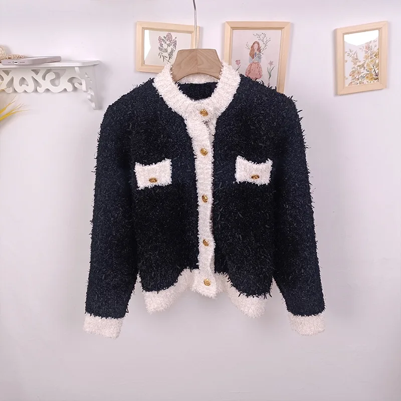 Gold Button Contrast Stripe O-Neck Luxury Fashion Brand New Knitted Cardigan Women's Autumn Vintage Slim Short Sweater Coat