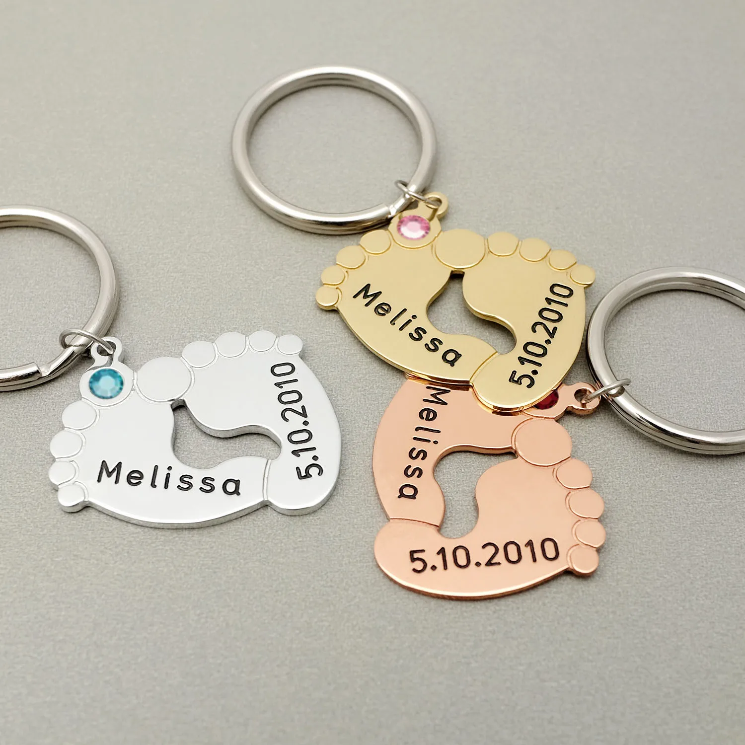

Personalized Baby Foot Shaped Keychain Custom Engraved Name Date Keyring Baby Shower Gift for Mom Dad