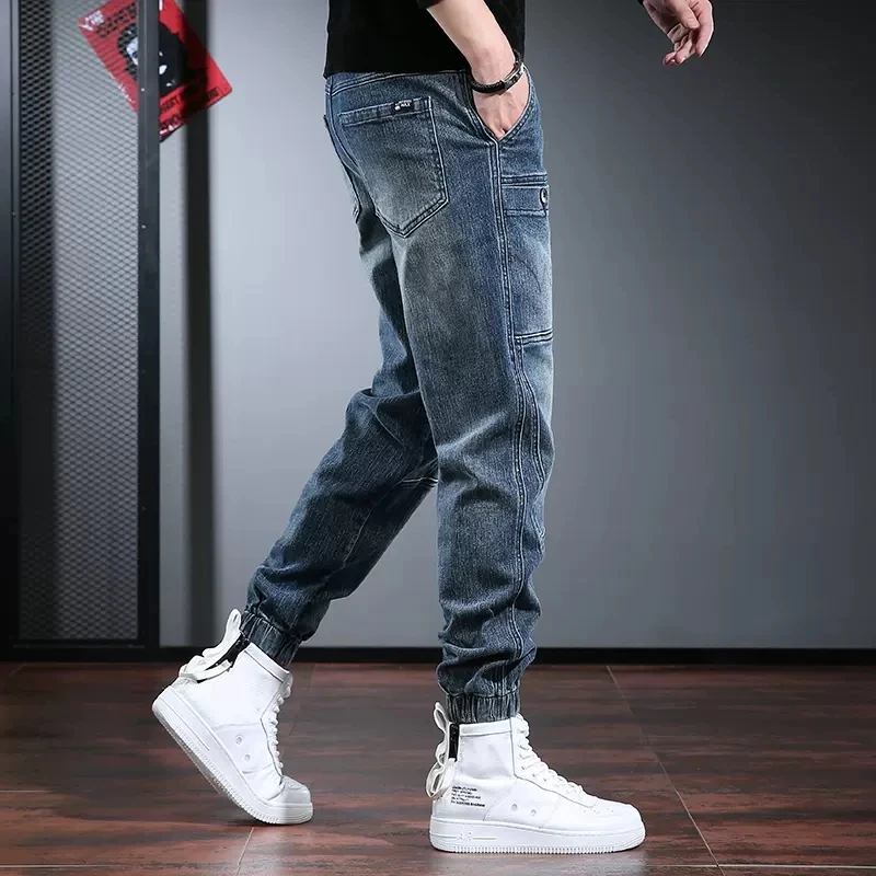 Blue Cargo Pants Jeans Men Casual Baggy Pencil Pants Autumn Streetwear Hip Hop Elastic Waist Denim Trousers CP2016