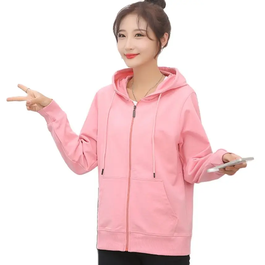 

Spring Summer Solid Color Hooded Fashion Trend Casual Jacket Ladies Zipper Cardigan Casual Sports Top Loose Sweater Jacket