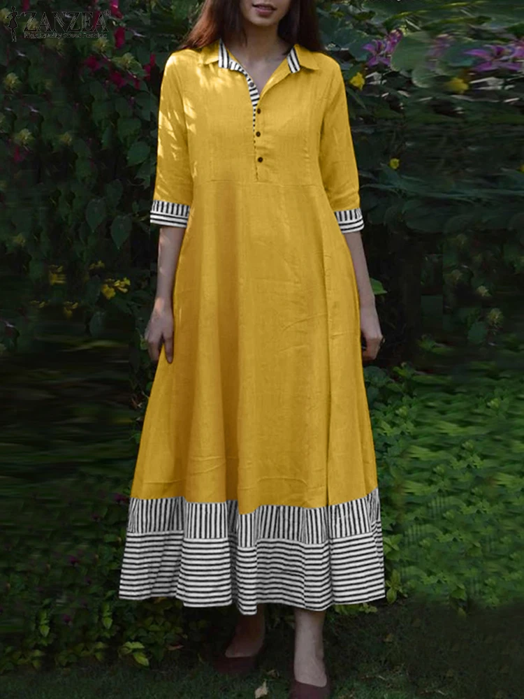 

2022 Spring Holiday Party Dress Women Elegant Striped Printed Sundress ZANZEA Vintage 3/4 Sleeve Lapel Vestidos Patchwork Kaftan