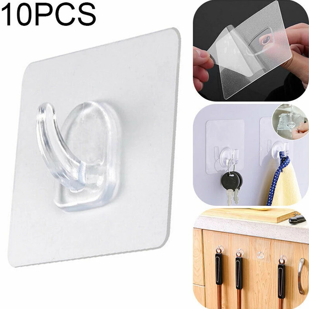 

10pcs Transparent Hooks Strong Sticky Heavy Duty Wall Seamless Adhesive Hooks Hanging Hook For Kitchen Bathroom