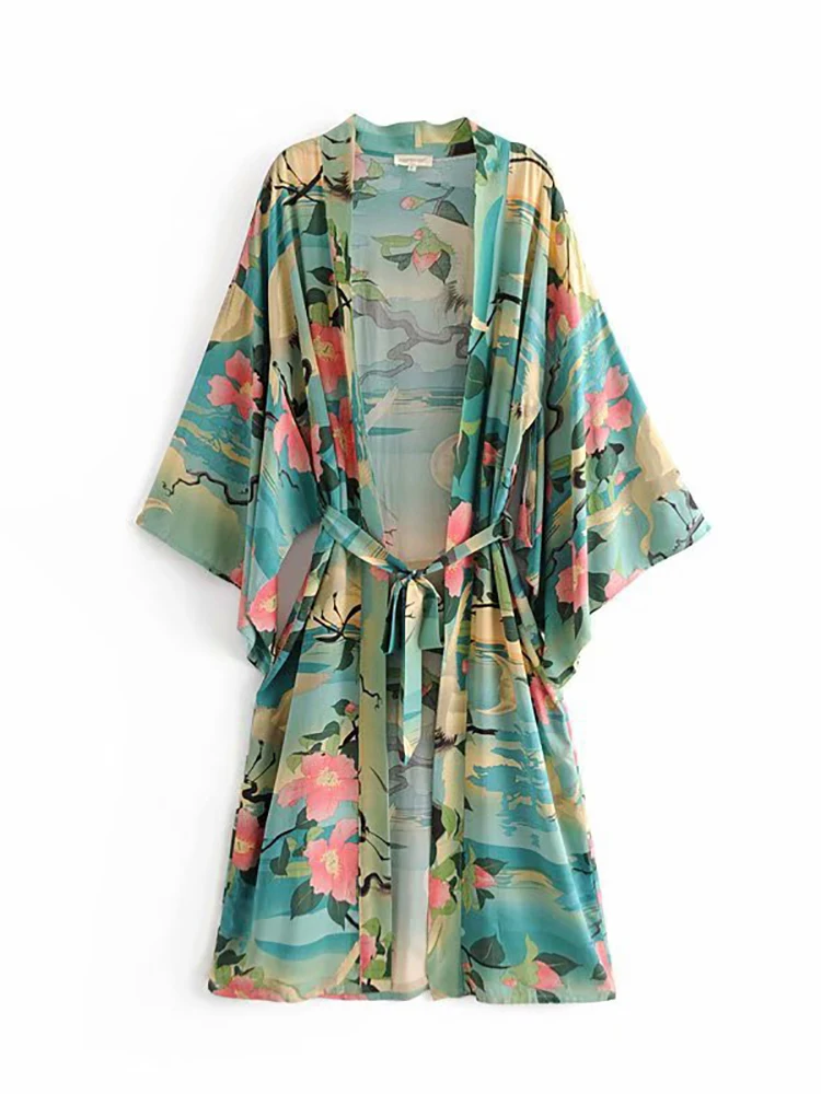 Fitshinling Bohemian Vintage Beach Kimono Swimwear Sashes Print Floral Cover-Up Big Sleeve Green Cotton Spring Autumn Cardigan