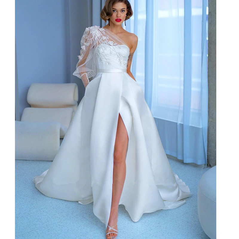 

Satin Boat Neck HY194 Wedding Dress For Women Charming Floor Length Side Slit Elegant Princess Bridal Gowns Vestidos De Novia