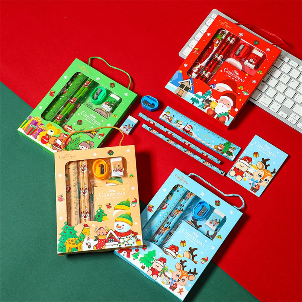 

6pcs Christmas Stationery Set Kids Cartoon Pencils Eraser Ruler Memo Pads Pencil Knife Set School Supplies Back To School Gift