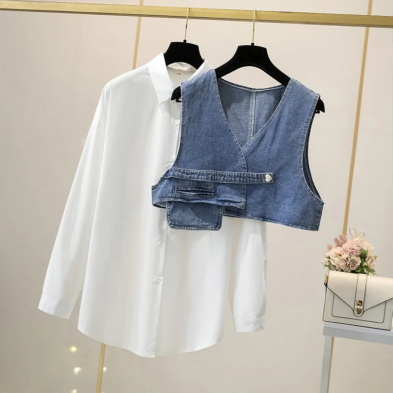 

SuperAen 2022 Весна Новый джинсовый жилет Свободный Повседневный отложной воротник рубашка Женский костюм размера плюс