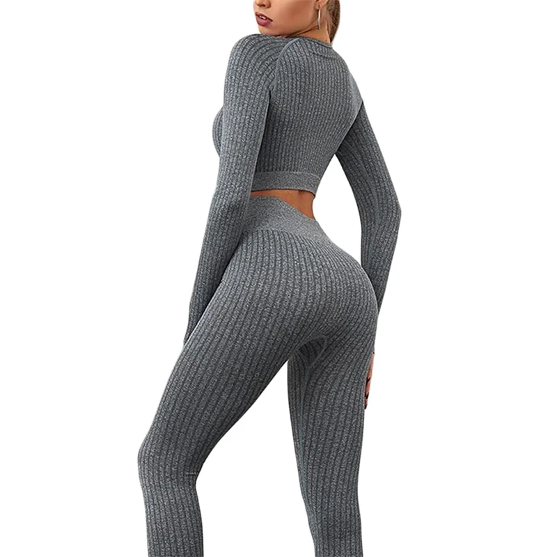 Women Seamless Yoga Set Long Sleeve Workout Outfits Gym Clothes Fitness Crop Tops Hight Waist Leggings Stripe Rompers Sportswear